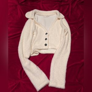 SO Cream Fuzzy Button-Up Cropped Jacket